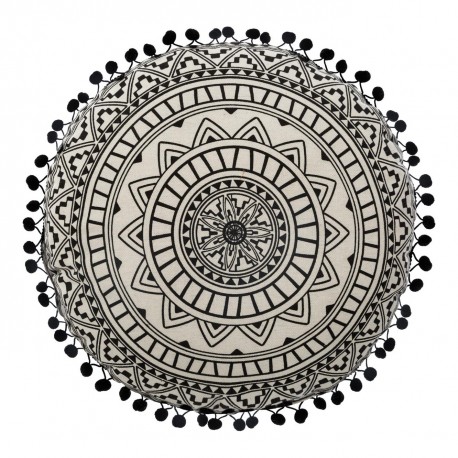 Coussin rond mandala D40cm DELHI - Noir et blanc