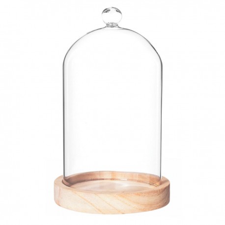 Cloche en verre sur socle en bois H19cm - Beige