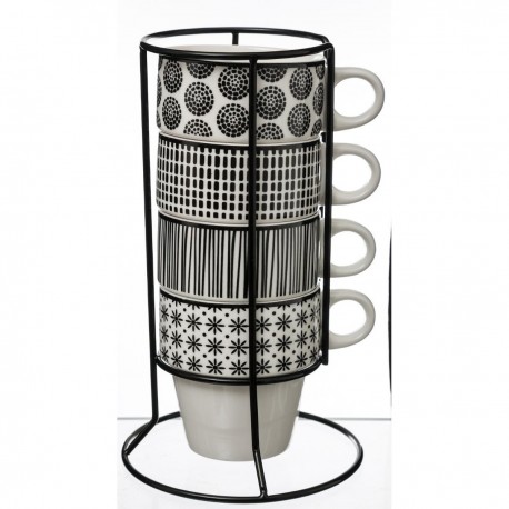 Lot de 4 mugs sur rack BOHEMIA - Noir et blanc
