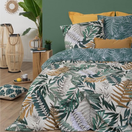 Parure de lit imprimé tropique 240X220cm - Vert et blanc