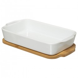 Plat rectangle en céramique avec plateau en bambou 30X16cm - Blanc