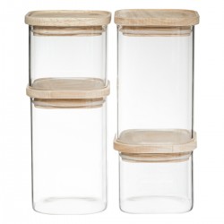 Lot de 4 bocaux empilables en verre et couvercle en bois 0,5/1L - Transparent