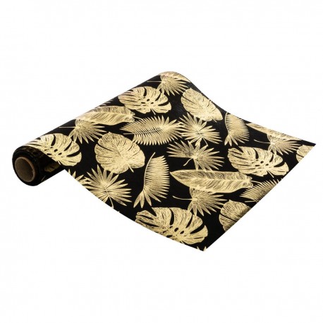 Chemin de table en tissu motif feuilles 28X500cm - Noir et doré