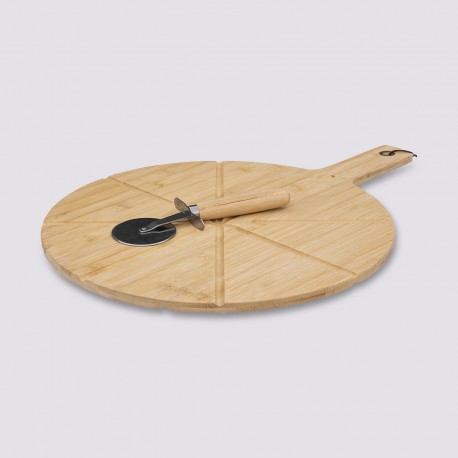 Planche à découper pizza en bambou avec roulette D37cm - Beige