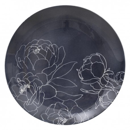 Assiette plate en porcelaine D26cm THÉA - Bleu sombre motifs fleurs