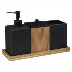 Set de 3 accessoires de salle de bain sur plateau BLACKACIA - Noir et bois
