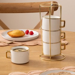 Lot de 4 tasses sur rack 17cL ARYA, PETIT SALON - Blanc contour doré