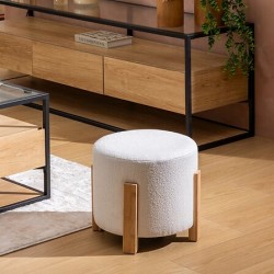 Pouf en bouclette pieds en bambou BANSA - Blanc