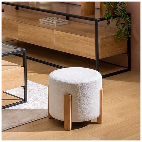 Pouf en bouclette pieds en bambou BANSA - Blanc