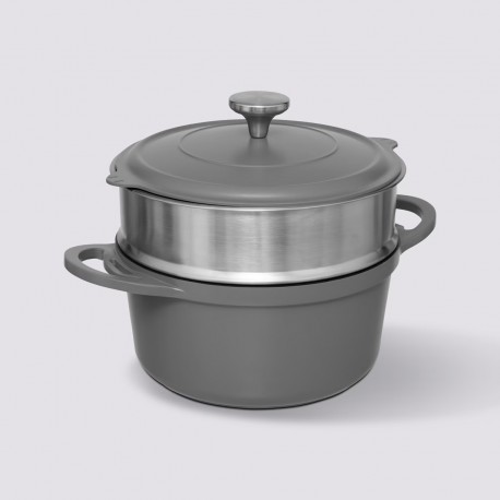 Cocotte en fonte d'aluminium avec panier à vapeur D24cm - Gris