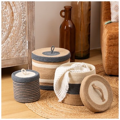 Lot de 3 paniers en jute avec couvercle OCÉANE - Beige et bleu