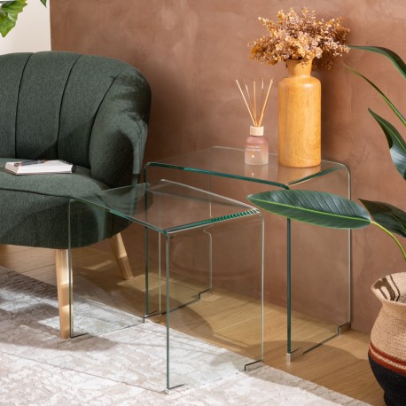 Lot de 2 tables café en verre trempé LENIA - Transparent
