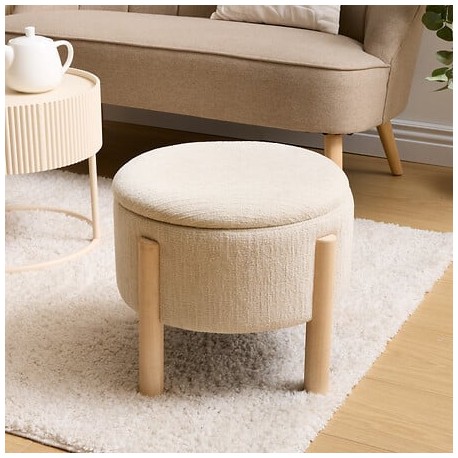 Tabouret coffre en tissu chenille ELKI - Ivoire