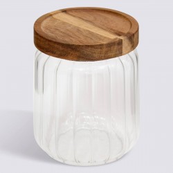 Bocal en verre strié 0,5L couvercle en acacia HARMONY - Transparent