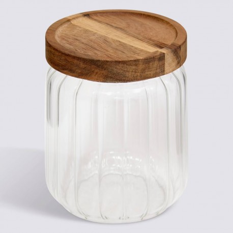 Bocal en verre strié 0,5L couvercle en acacia HARMONY - Transparent