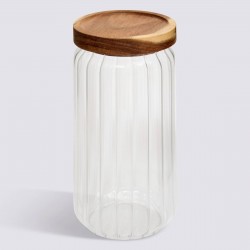 Bocal en verre strié 1L couvercle en acacia HARMONY - Transparent