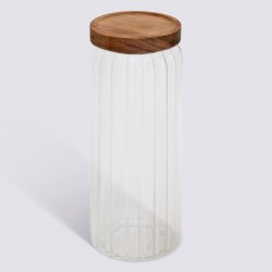 Bocal en verre strié 1,3L couvercle en acacia HARMONY - Transparent