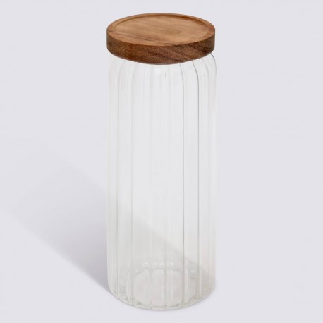 Bocal en verre strié 1,3L couvercle en acacia HARMONY - Transparent