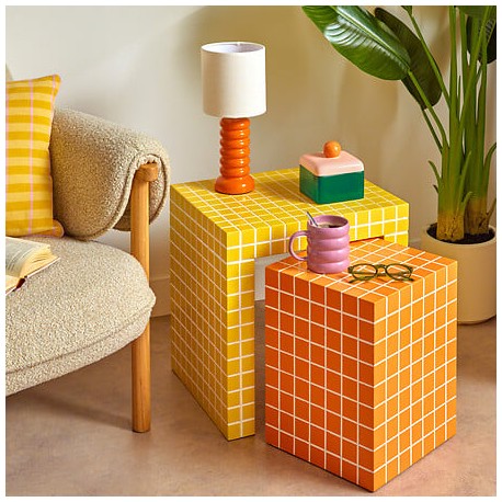 Lot de 2 tables café gigognes BETSY style carrelage - Jaune et orange